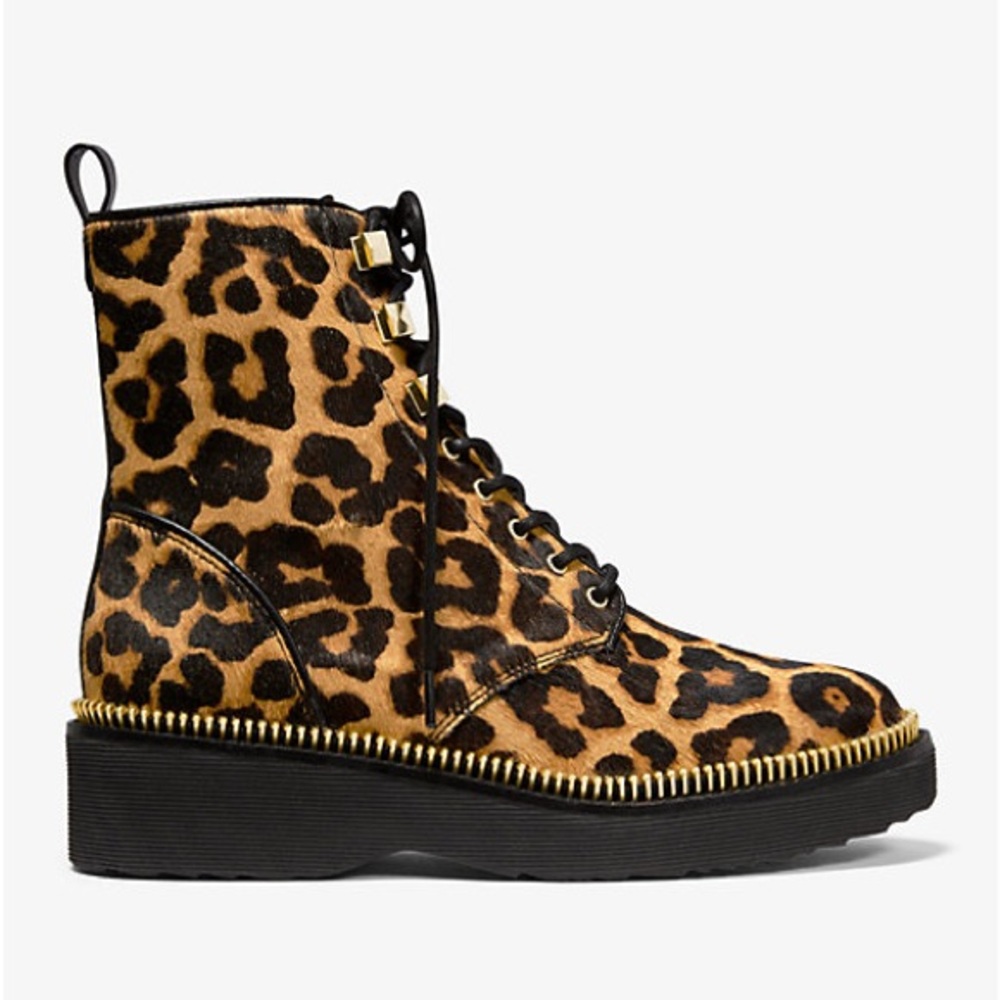 New - MICHAEL KORS Haskell Leopard Calf Hair Combat Boot - Picture 2 of 4